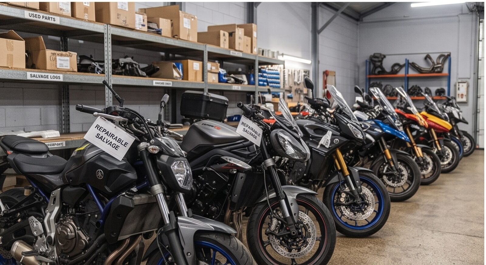 Unfallmotorräder bereit für den Export bei MotoHero